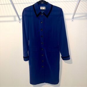 Vintage Kasper Royal Blue collared Button Down Dress size 4 black trim